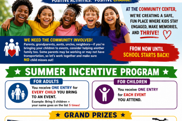 Colorful community flyer for The Community of Cordele, Inc. promoting a Summer Incentive Program for children and families at the community center. The flyer features five smiling children and encourages community involvement to help keep kids engaged and off the streets during summer break. Adults earn entries for every child they bring to an event, and children earn entries for every event attended. Grand prizes include a 65-inch smart TV for an adult participant and a bicycle for a child participant. The flyer includes the organization’s address, phone number, and messages about creating positive environments and brighter futures.