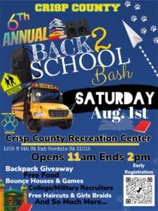 Flyer for the 6th Annual Crisp County Back 2 School Bash featuring school-themed graphics including a school bus, backpack, books, speakers, and a QR code for early registration. The event will take place Saturday, August 1 at the Crisp County Recreation Center in Cordele, Georgia from 11 a.m. to 2 p.m. Activities include a backpack giveaway, free food, bounce houses, games, college and military recruiters, free haircuts and girls braids, and more.