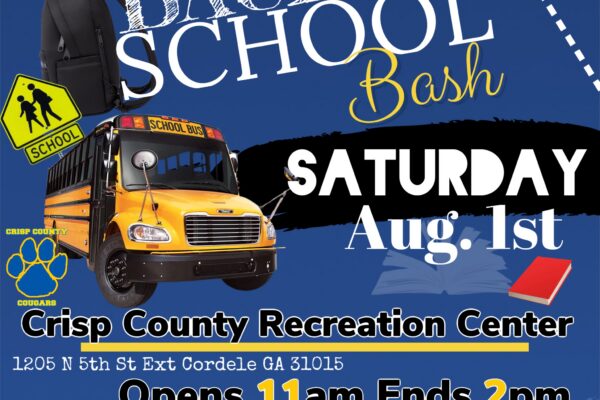 Flyer for the 6th Annual Crisp County Back 2 School Bash featuring school-themed graphics including a school bus, backpack, books, speakers, and a QR code for early registration. The event will take place Saturday, August 1 at the Crisp County Recreation Center in Cordele, Georgia from 11 a.m. to 2 p.m. Activities include a backpack giveaway, free food, bounce houses, games, college and military recruiters, free haircuts and girls braids, and more.