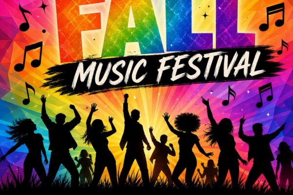 Colorful flyer for the Cordele Fall Music Festival featuring rainbow graphics, musical notes, and silhouettes of people dancing. The flyer announces the event on October 17, 2026 from 1:30 p.m. to 6:30 p.m. at Perlis Park, 115 South 8th Street in Cordele, Georgia. The design includes the phrases “Live Music. Good Vibes. Community.”