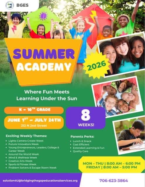 Colorful flyer for the 2026 BGES Summer Academy featuring children smiling and participating in activities outdoors. The flyer promotes an 8-week summer learning program for students in kindergarten through 10th grade from June 1 through July 24. The design highlights fun weekly themes, parent benefits, program hours, and contact information for registration.