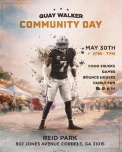 Flyer for Quay Walker Community Day featuring NFL player Quay Walker in a football uniform standing in front of a community festival scene with tents and families. The flyer announces the event on May 30 from 2:00 p.m. to 7:00 p.m. at Reid Park, 802 Jones Avenue in Cordele, Georgia. Activities include food trucks, games, bounce houses, and family fun.
