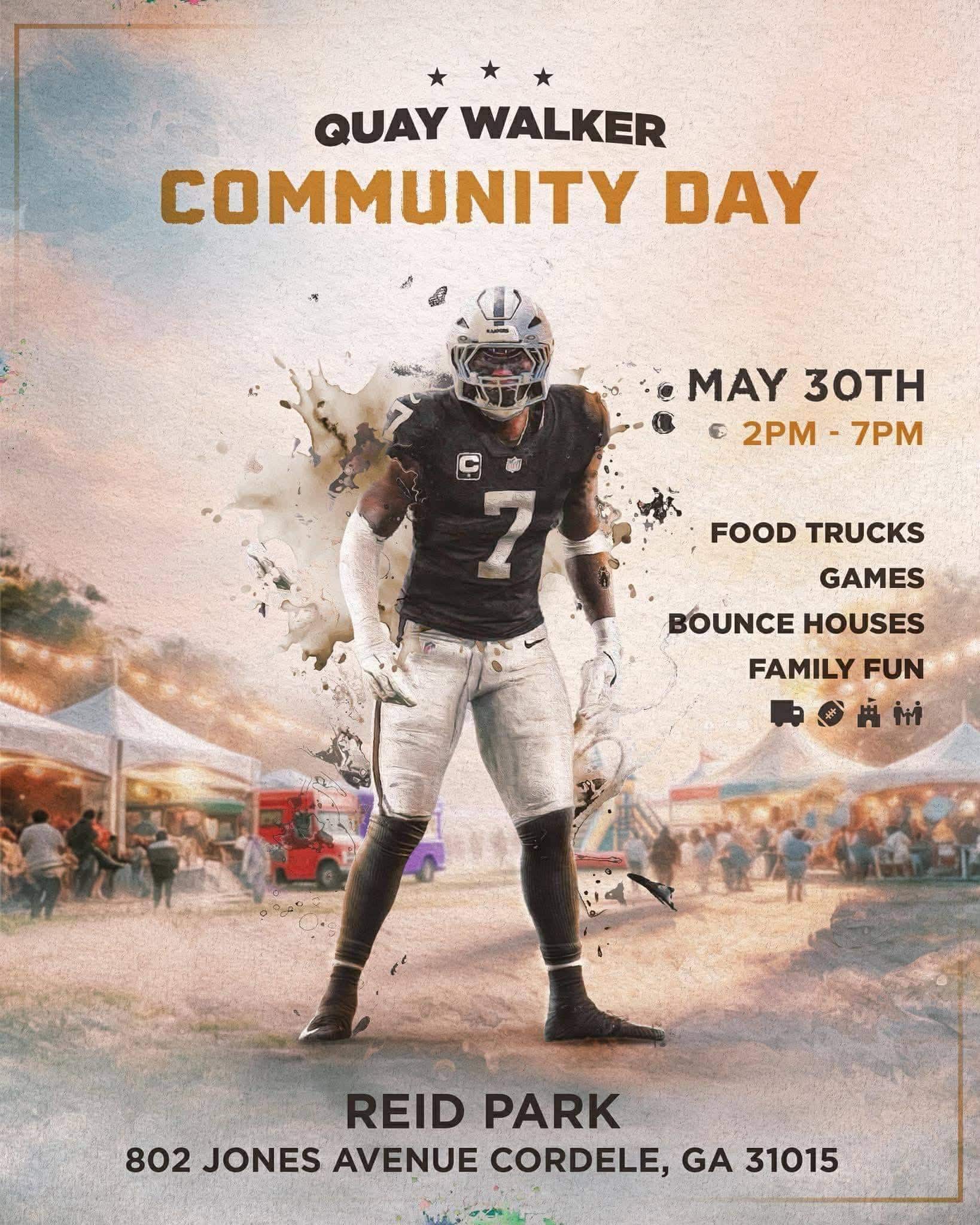 Flyer for Quay Walker Community Day featuring NFL player Quay Walker in a football uniform standing in front of a community festival scene with tents and families. The flyer announces the event on May 30 from 2:00 p.m. to 7:00 p.m. at Reid Park, 802 Jones Avenue in Cordele, Georgia. Activities include food trucks, games, bounce houses, and family fun.